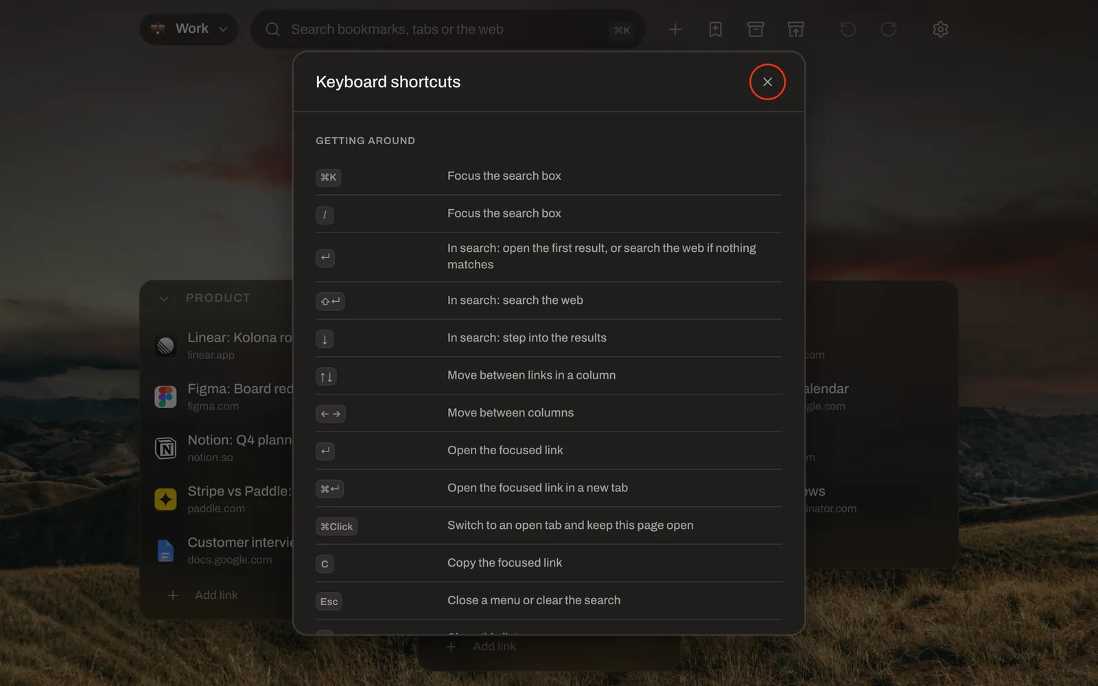 The Keyboard shortcuts list open over a Kolona board on a dark wallpaper